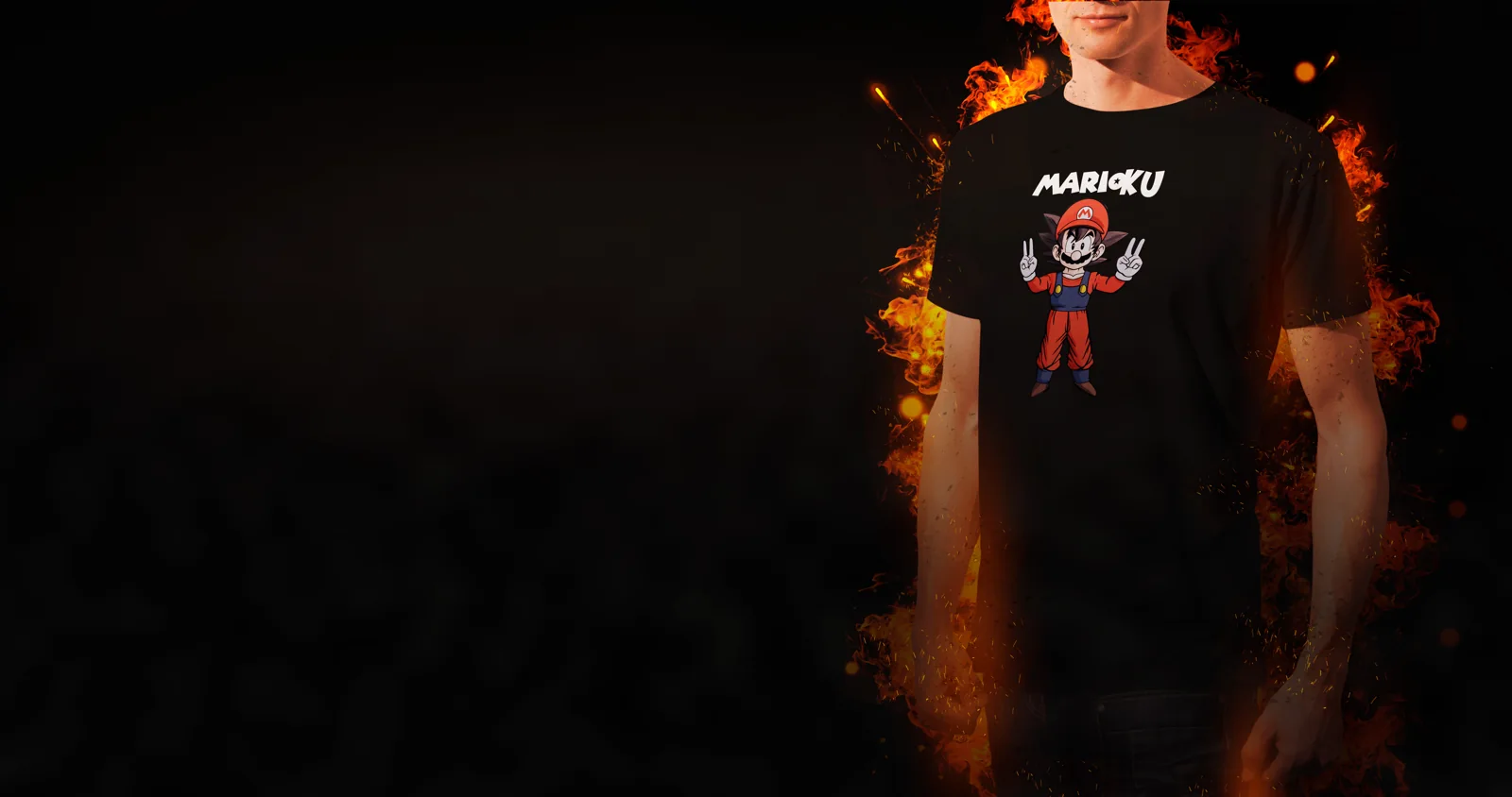 Marioku sur T-shirt noir, mockup de présentation